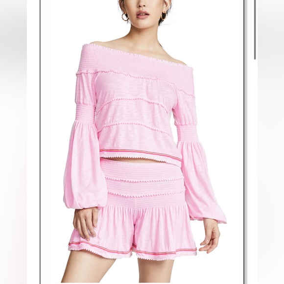 Pitusa Agata Smocked Crop Top and Shorts Set in Light Pink...